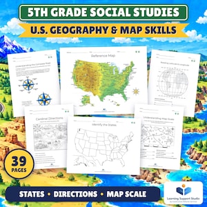 May include: A 39-page 5th Grade Social Studies U.S. Geography & Map Skills educational packet featuring worksheets on compass roses, reference maps, latitude and longitude, cardinal directions, state identification, and map scales.
