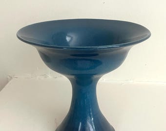 Minimalist MCM Art Pottery Fruit Bowl on Pedestal Azure - Cobalt Blue Gradient