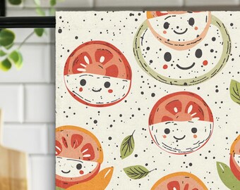 Cute Citrus Kitchen Towel Kawaii Tomato Slice Dish Towel, Smiling Fruit Pattern, Fun Kitchen Decor, Gift for Her, Whimsical Tea Towel CTTW05