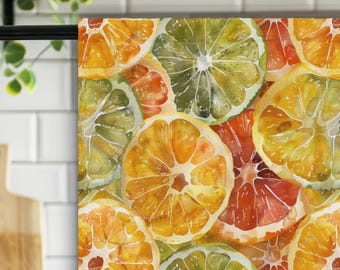Citrus Tie Dye Kitchen Towel Watercolor Dish Lemon Orange Grapefruit Print, Summer Kitchen Decor, Colorful Tea Towel Gift CTTW01