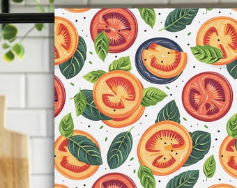 Citrus Pattern Kitchen Towel Tomato Slice Dish Towel with Leaves, Bright Fruit Design, Summer Kitchen Decor, Modern Tea Towel Gift CTTW06