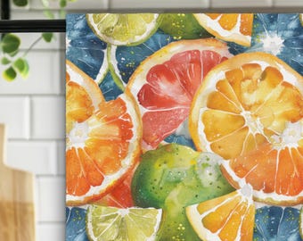 Watercolor Tie Dye Citrus Kitchen Towel Vibrant Fruit Dish Lemon Lime Grapefruit Summer Kitchen Decor, Bright Tea Towel Gift  CTTW02