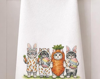 Funny Easter Cats Kitchen Tea Towel Bunny Costume Kittens Hand Towel Cute Kitchen Decor, Spring Easter Dish Towel, Gift for Cat Lover EAHT08