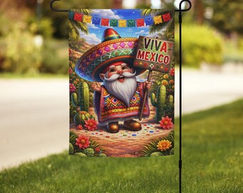 Viva Mexico Gnome Garden Flag Fiesta Outdoor Decor Colorful Mexican Theme Yard Summer Patio Decoration Cinco de Mayo Flag Gift CMFG03
