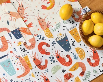 Shrimp Placemats Set of 4, Seafood Table Mats, Coastal Kitchen Decor, Cute Shrimp Pattern, Summer Table Setting, Kitchen Linen Set СSPM01