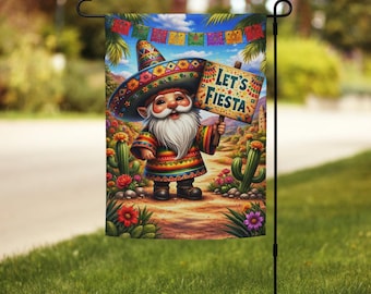 Fiesta Garden Flag with Cute Gnome Mexican Theme Outdoor Decor Colorful Sombrero Gnome Summer Patio Cinco de Mayo Flag Gift CMFG01