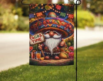 Tacos Time Gnome Garden Flag Fiesta Outdoor Decor Mexican Food Theme Yard Colorful Patio Decoration Cinco de Mayo Flag Gift CMFG04