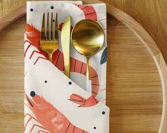 Shrimp Cloth Napkins Set of 4, Seafood Kitchen Decor, Cute Prawn Pattern Napkins, Coastal Dining Table, Summer Kitchen Linens CTNP01