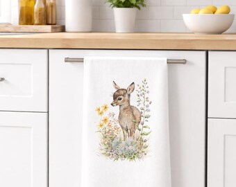 Deer Tea Towel, Baby Deer Kitchen hand Towel, Floral Woodland Dish Towel, Cottagecore Kitchen Decor, Forest Animal Art, Gift for Mom CUAN08