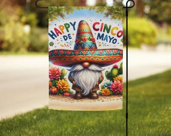 Fiesta Gnome Garden Flag Mexican Theme Outdoor Decor Colorful Sombrero Gnome Summer Patio Decoration Happy Cinco de Mayo Flag Gift CMFG02