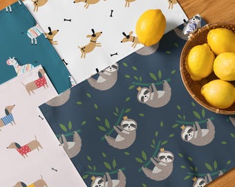 Set of 4 Kids Placemats Cute Animal Design with Sloth, Dog, Dachshund & Zebra, Fun Children’s Table Mat, Easy Clean Feeding Placemat PSKA01