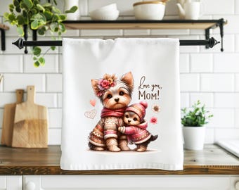 Mother’s Day Kitchen Towel – Cute Dog Mom Gift, Love You Mom Hand Tea Towel, Floral Puppy Kitchen Decor MDHT01
