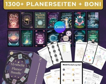 May include: A purple box with the text "Mystische Planer Bundle" on the front. The box contains a variety of printable planner pages with themes such as "Chakra Planner", "Visionen + Buch + Journal", "Selbst Fürsorge", and "Mond Manifestierungsartigen".