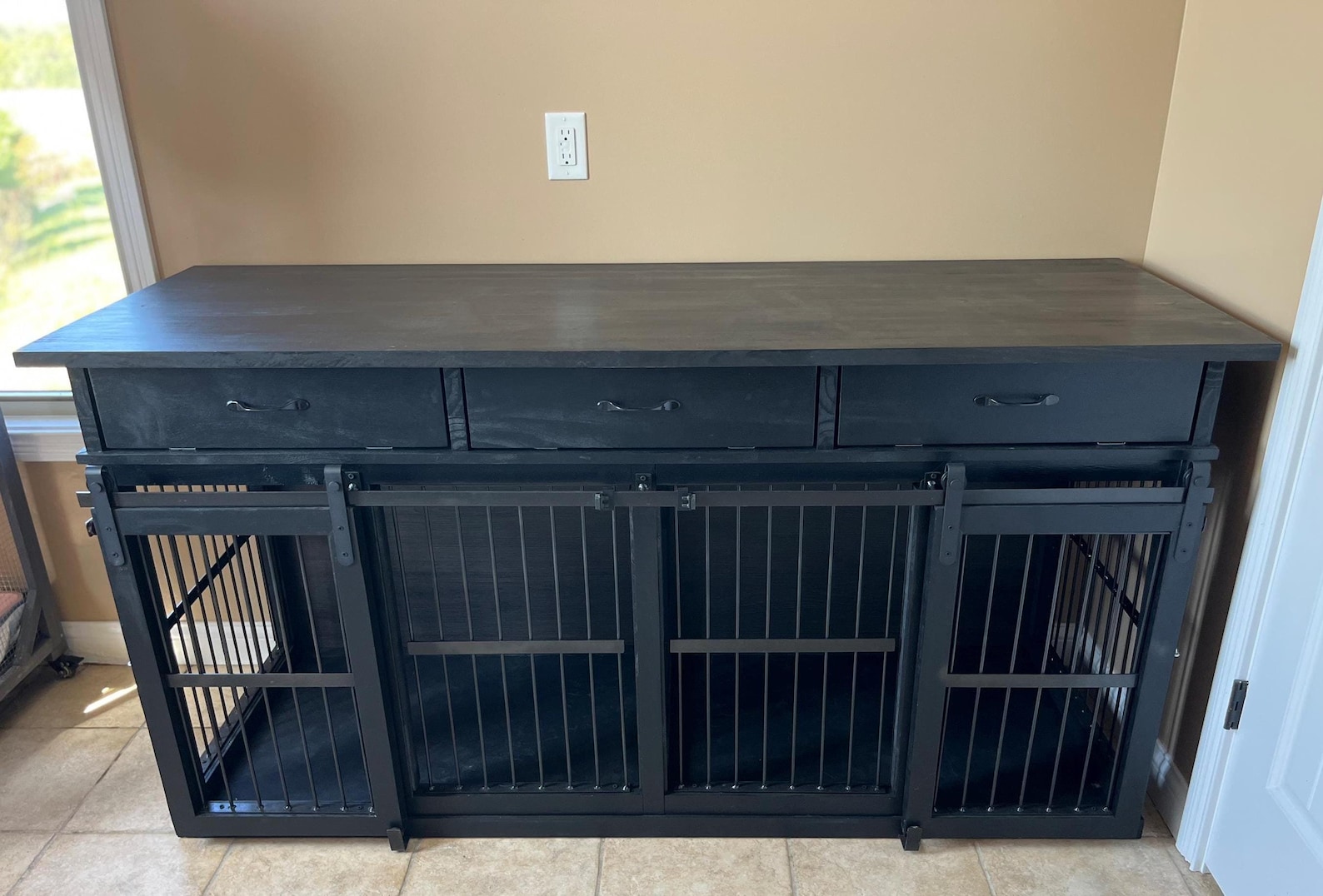 View of Double Dog Crate With Sliding Doors (2 Dogs) - Etsy