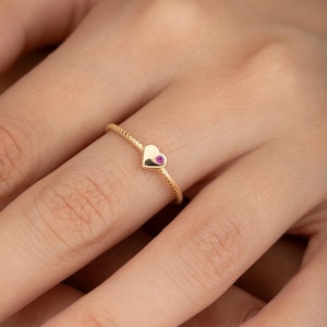 ANEL DE OURO 14K CORAÇÃO | Anel de coração delicado com pedra de nascimento, anel de ouro para ela, presente de aniversário, presente para ela, presente para a mãe