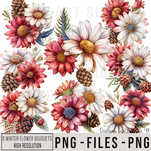 Flores de inverno com pinhas Clipart PNG, Buquê de aquarela PNGs, Arte floral de Natal com alto detalhe para cartões de artesanato de casamento, Sublimação