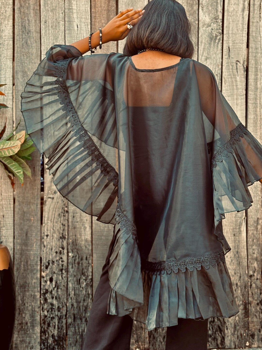 Semi Sheer Open Back Cape Style Crop Top