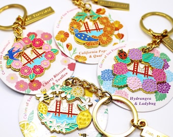 San Francisco Golden Keychains - Golden Gate Bridge, California, Gift, Holiday, Poppy, Cherry Blossom