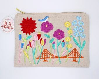 Embroidered San Francisco Flowers Pouch