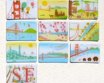 San Francisco Magnets - Golden Gate Bridge, California, Victorian House, Lombard Street, Gift, Cable Car, Tram, Skyline,