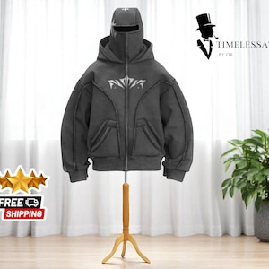 Y2K Techwear Hoodie | Cyberpunk Zip Up Jacket | Men&#39;s Gothic Streetwear | Oversized Ninja Hood | Comfortable Lightweight Apparel