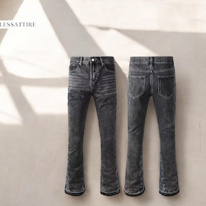 Men&#39;s Flare Denim Pants | Washed Patchwork Jeans | Mid Waist Streetwear Trousers | Retro Style Ankle Length | Casual Fall Outfit