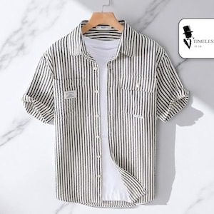 Men’s Summer Striped Shirt | Short Sleeve Retro Style | Loose Fit Casual Top | Double Pocket Button Down | Fashionable Gift for Him
