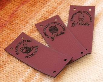 Custom leather labels, knitting labels, crochet tags made with your logo or text, labels for handmade items, set of 25 pc