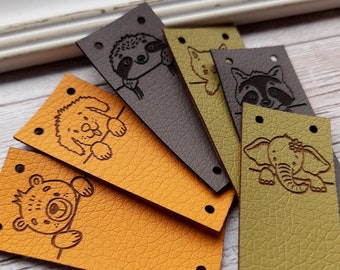 Tags for handmade items - Vegan leather labels - Personalized labels with cute animal images - faux leather labels for handmade items - 25pc