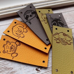 Tags for handmade items - Vegan leather labels - Personalized labels with cute animal images - faux leather labels for handmade items - 25pc