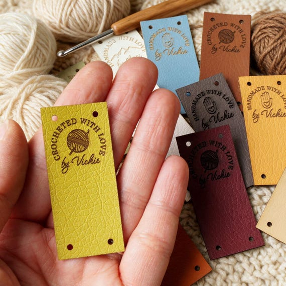 Custom Vegan Leather Knitting Labels, Personalized Crochet Tags, Foldable (25 pc)