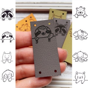 Faux leather labels for handmade items, cute peeking animal labels for baby knits, personalized knitting labels, vegan leather labels, 25 pc