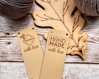 Personalized leather tags for handmade items, vegan leather labels for knitting crochet sewing, custom clothing labels, set of 25 pc