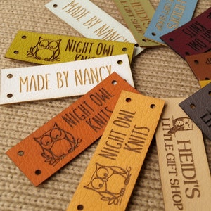 Leather labels for handmade items, custom clothing labels engraved with your logo or text and image, knitting labels, personalized labels 25