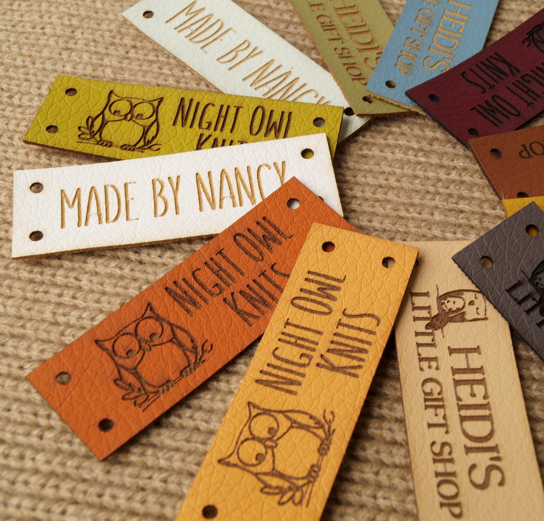 Leather labels for handmade items, custom clothing labels engraved with your logo or text and image, knitting labels, personalized labels 25