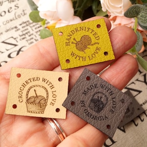 Labels for handmade items, leather tags for handmade items, crochet labels, leather tags for crochet, knitting labels