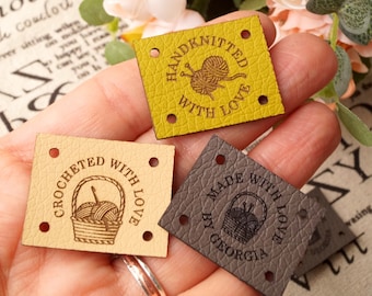 Labels for handmade items, leather tags for handmade items, crochet labels, leather tags for crochet, knitting labels
