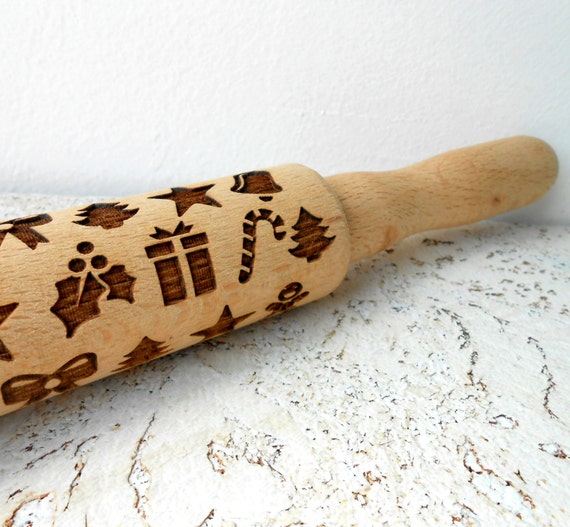 Items similar to Embossing rolling pin, Christmas wooden rolling pin