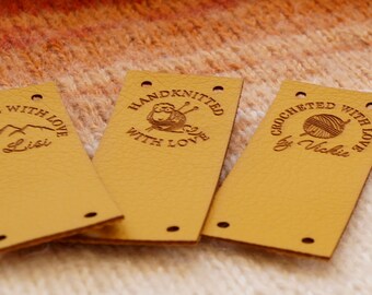 Labels for handmade items, vegan labels, custom tags, leather labels, knitting labels, personalized tags for crochet, set of 25 pc