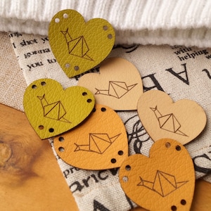 Leather labels, heart shaped faux leather labels for knitting, crochet, sewing, vegan leather labels, heart tags, set of 25 pc