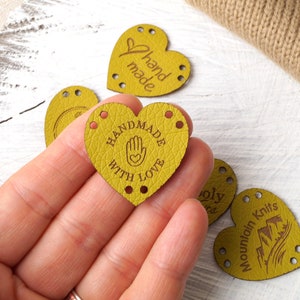 Faux leather labels, heart shaped leather labels for knitting, crochet, sewing, vegan leather labels, heart tags, set of 25 pc