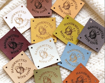 Faux Leather Knitting Labels, Handknitted With Love Tags, Custom Clothing Labels (Set of 25)