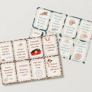 May include: A set of 10 cards with brown and teal backgrounds featuring Aboriginal art and prompts for sharing stories and experiences. The prompts include "A special place on Country and why it matters to me", "A lesson I learned from an Elder when I was young", "Words in language that I use and their meaning", "The best piece of advice I ever received", "A moment that made me proud of my culture", "A time when I had to be strong", "A song, dance, or tradition that I hold dear", "My favorite memory of gathering with mob", "A piece of knowledge that should never be lost", "How I want to be remembered by my community".