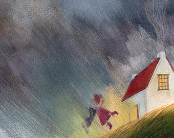 Original acrylic watercolor pencil Illustration - Under the Storm - Mixed Media Art