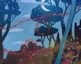 Original Whimsical Witch Illustration – Night Forest Art, Acrylic & Watercolor