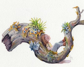 Dreaming in the woods – Original Watercolor Illustration - A girl rests on a branch covered in lichen