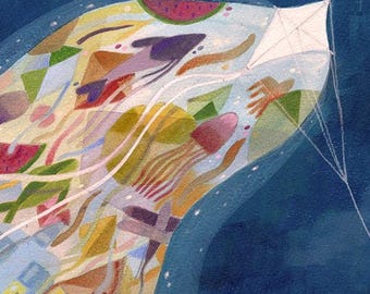 Original Kite Illustration - Watercolor, Acrylic & Pencil Art