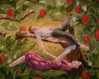 Original acrylic watercolor pencil Illustration - Reading on a Strawberry dream - Traditional art - Whimsical painting