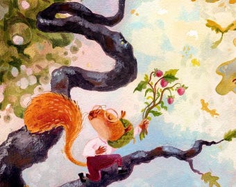 Original Mixed Media Art - Squirrel in love - Traditional acrylic watercolor pencil Illustration - Whimsical painting