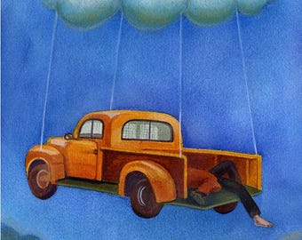 Whimsical Flying Truck Art – Original Watercolor Pencil Illustration